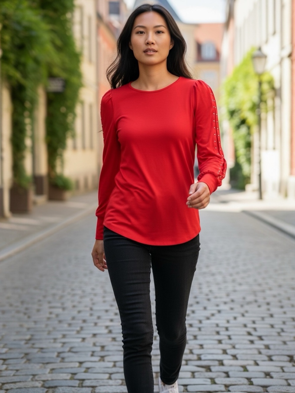 VINCE CAMUTO ROMANTIC GLAMOUR RED FIRE GLOW BLOUSE OPEN SLEEVES W/ STUDS SZ SM